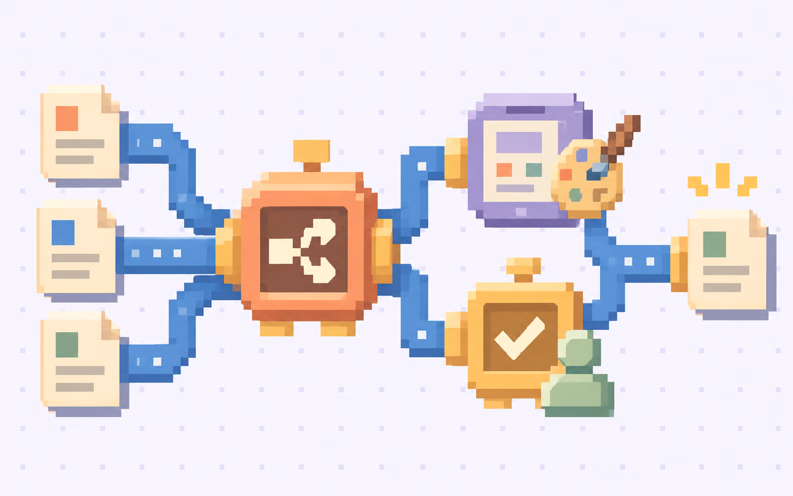 Pixel-art document cards pass through a branching workflow with a tool step and human approval