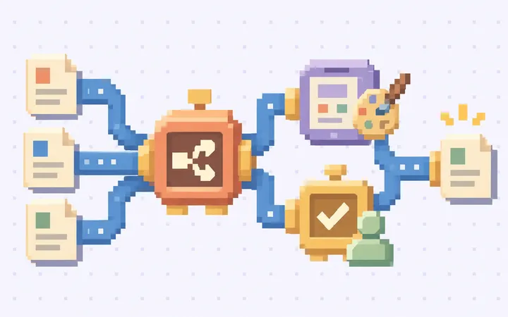 Pixel-art document cards pass through a branching workflow with a tool step and human approval