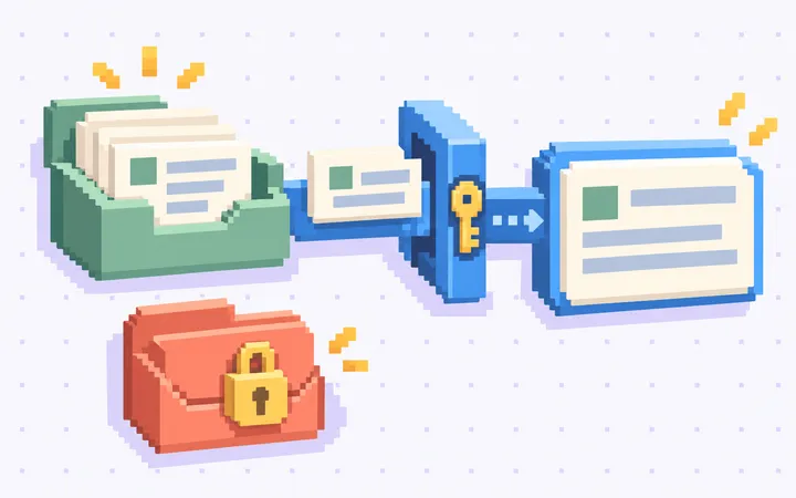 An open green case folder sends a document through a blue access gate to an answer card, while a locked coral folder remains separate