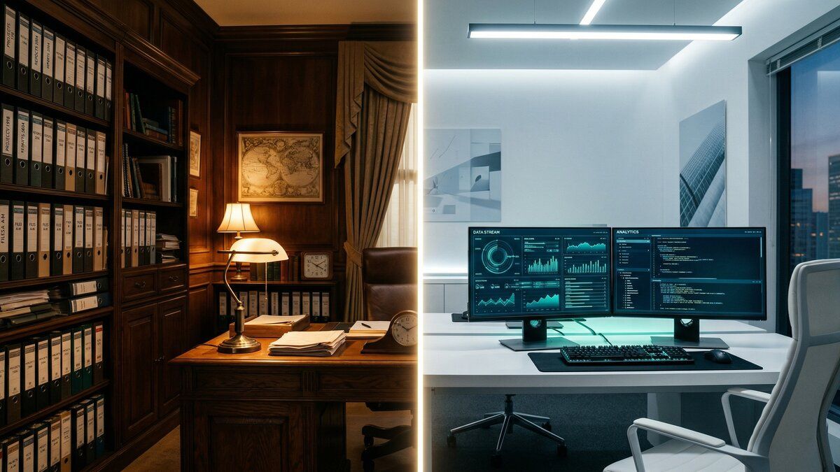 A blueprint laid over a polished campaign poster — system and moment side by side