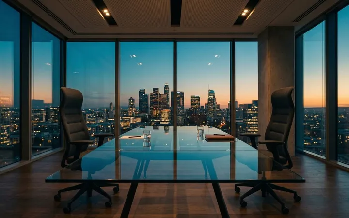 An empty glass-walled meeting room at dusk, two chairs facing each other across a long table