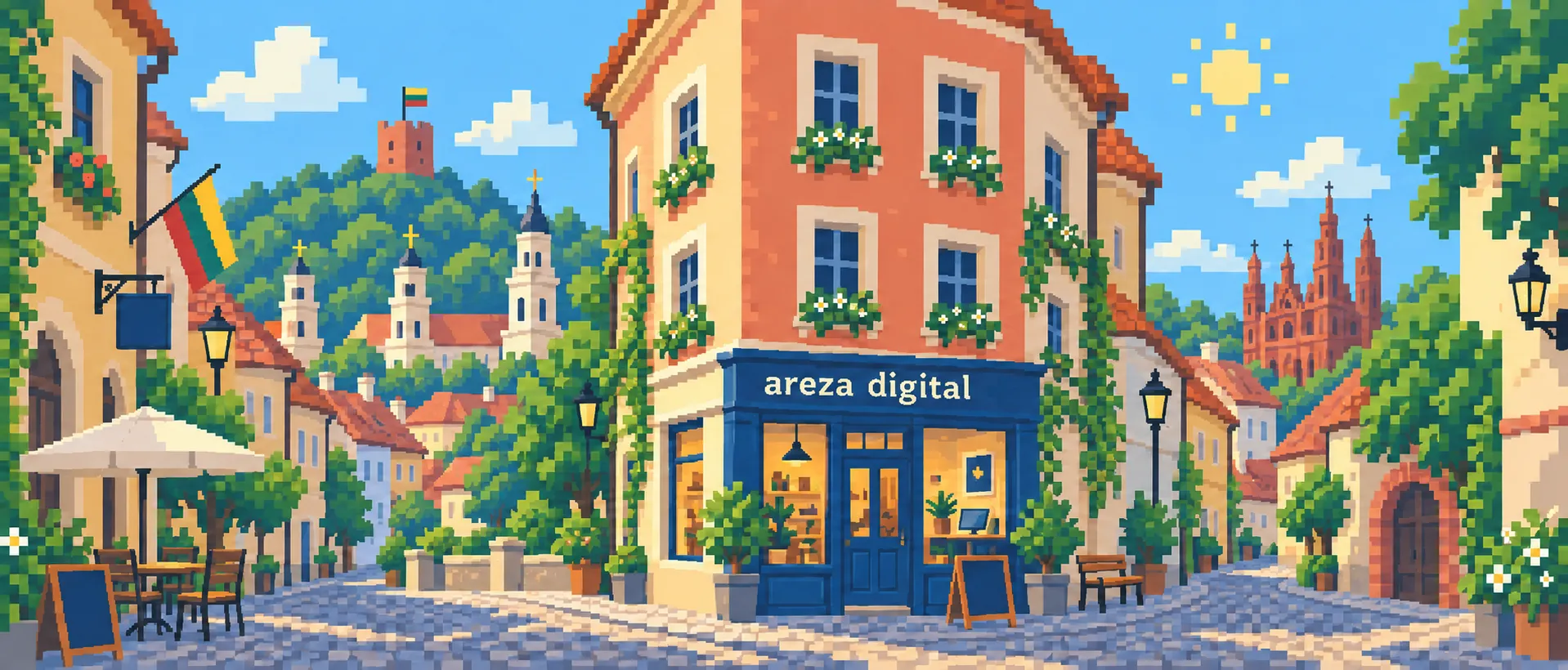Pixel-art Vilnius Old Town with Gediminas Tower, red-tiled roofs, cobbled streets, and an areza digital storefront.