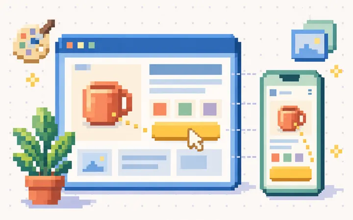 Pixel-art desktop and mobile wireframes show the same product and a clear golden action button