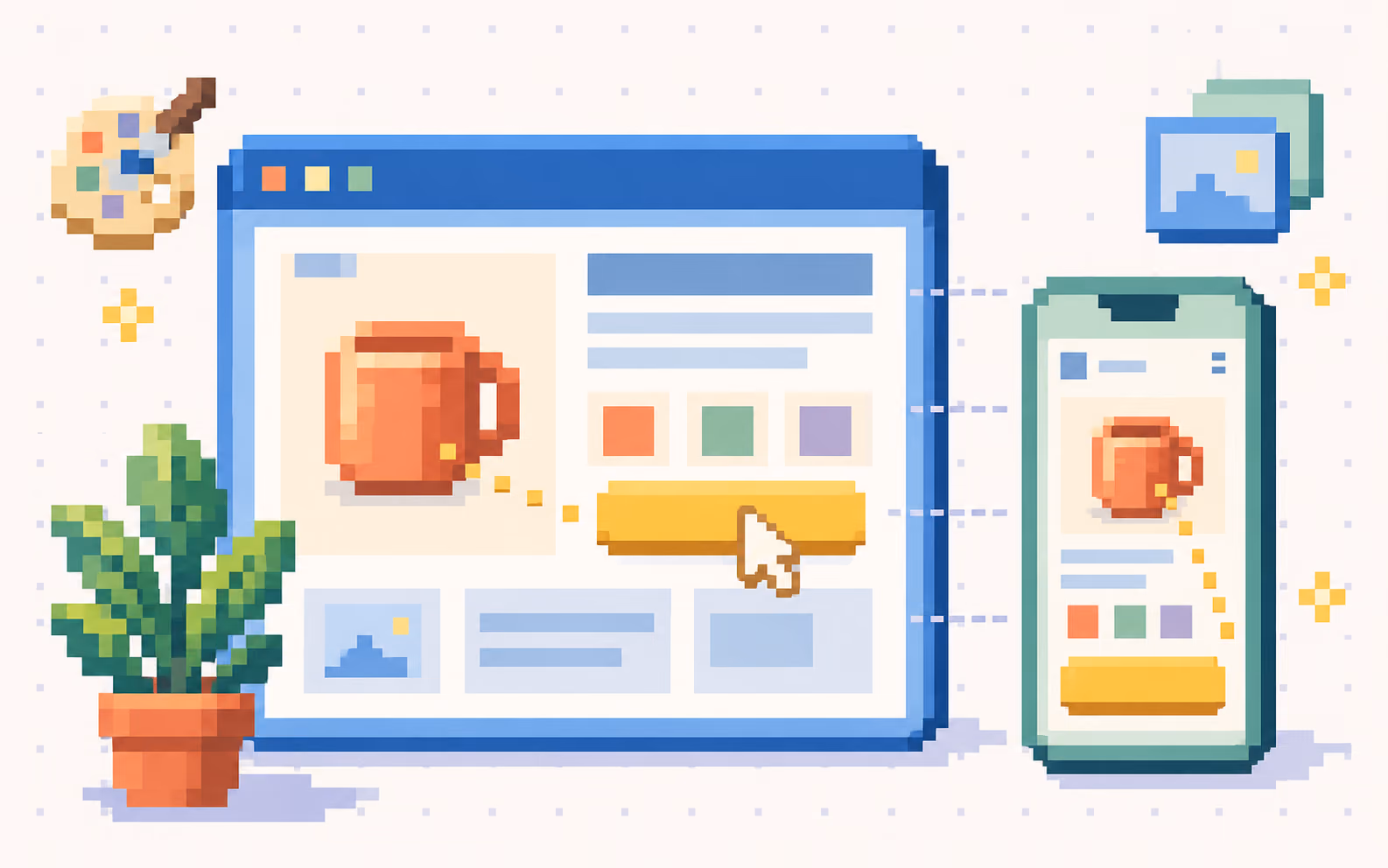 Pixel-art desktop and mobile wireframes show the same product and a clear golden action button