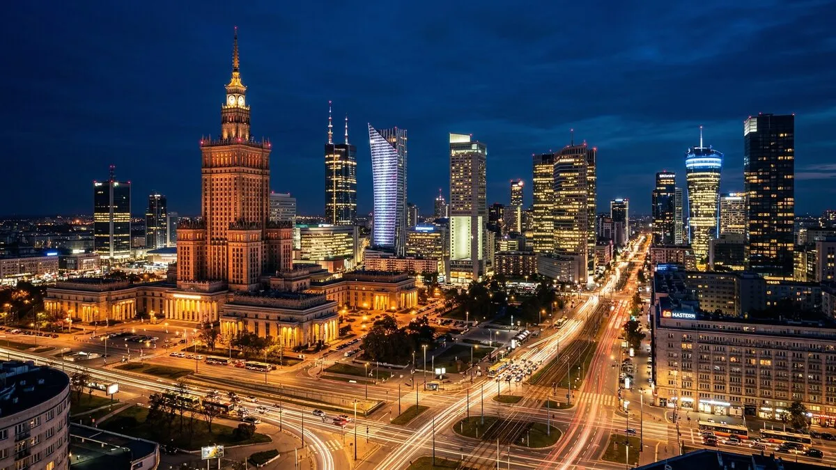 A Warsaw skyline at dusk — emblematic of Poland's maturing digital economy