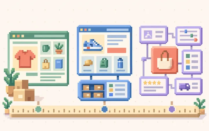 Three pixel-art storefront systems compare a simple catalogue, connected inventory, and a modular setup