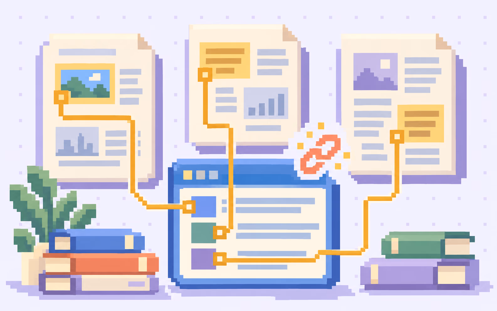 Golden pixel paths connect three source documents to the evidence blocks in an answer panel