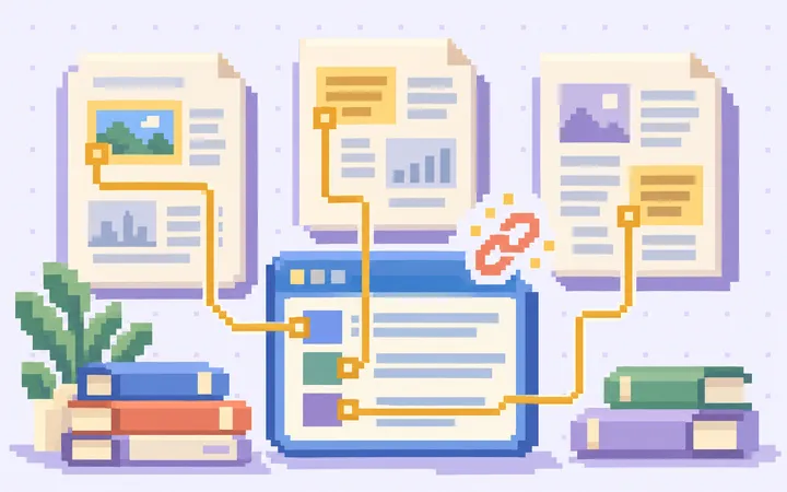 Golden pixel paths connect three source documents to the evidence blocks in an answer panel