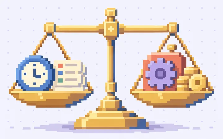 A golden pixel-art scale weighs task time against automation tools and running costs