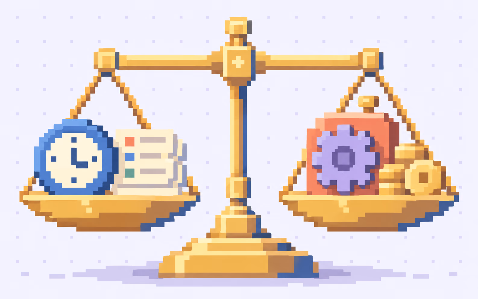 A golden pixel-art scale weighs task time against automation tools and running costs