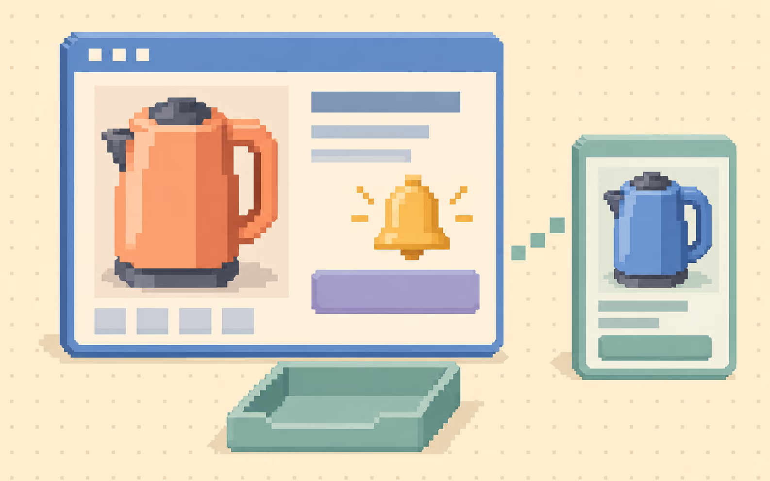 A product page keeps a coral kettle visible beside a restock bell, an empty stock tray and a separate alternative product