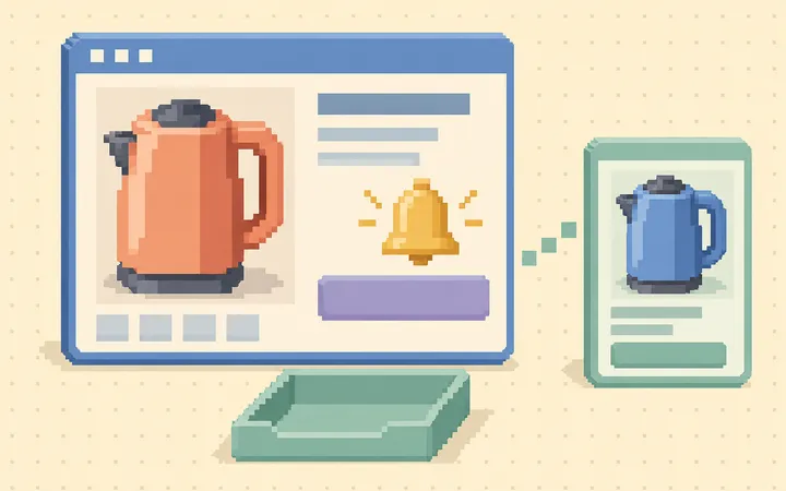 A product page keeps a coral kettle visible beside a restock bell, an empty stock tray and a separate alternative product