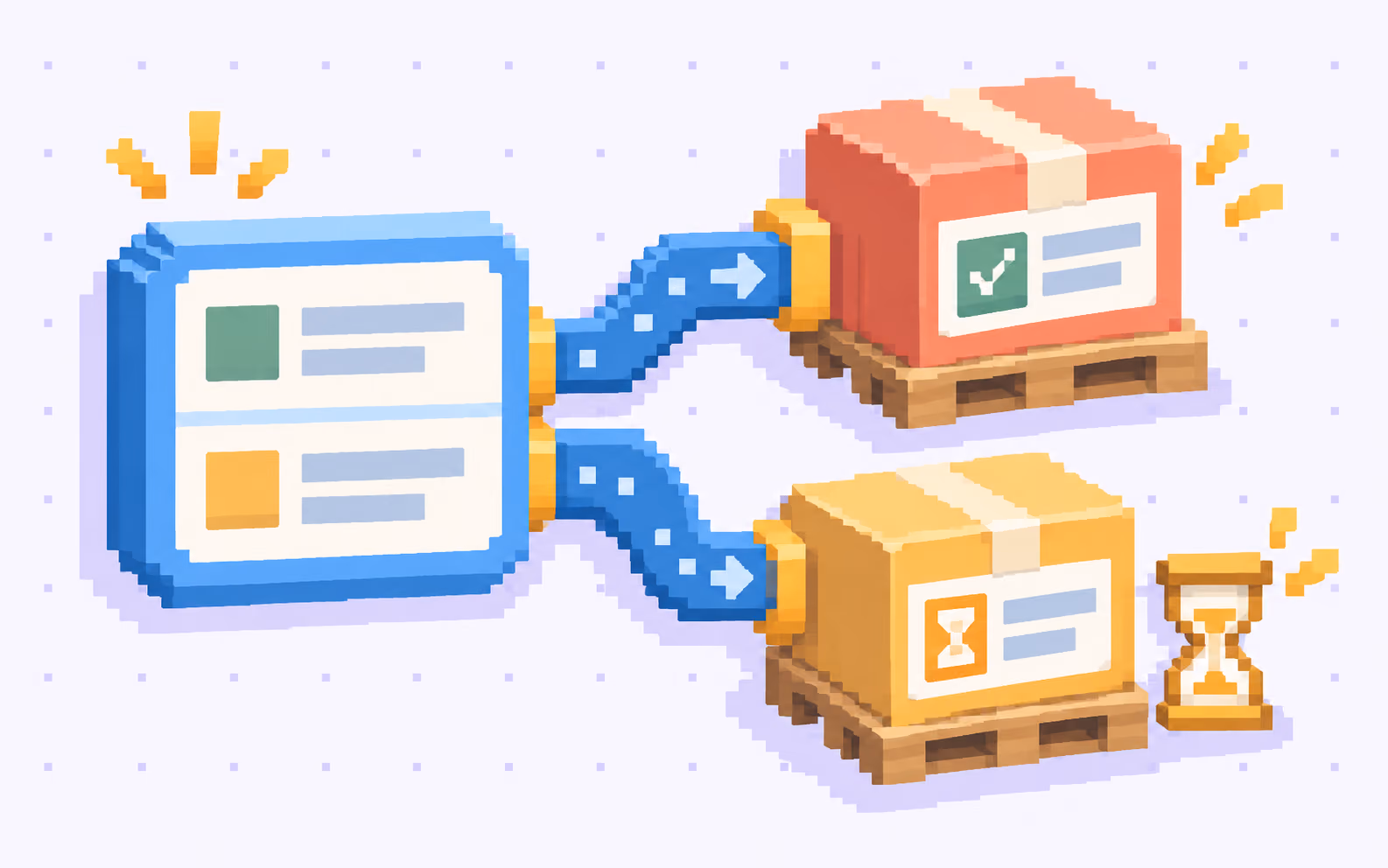 A blue order card connected to two palletised cartons, with a green arrival check on one route and a gold hourglass on the other