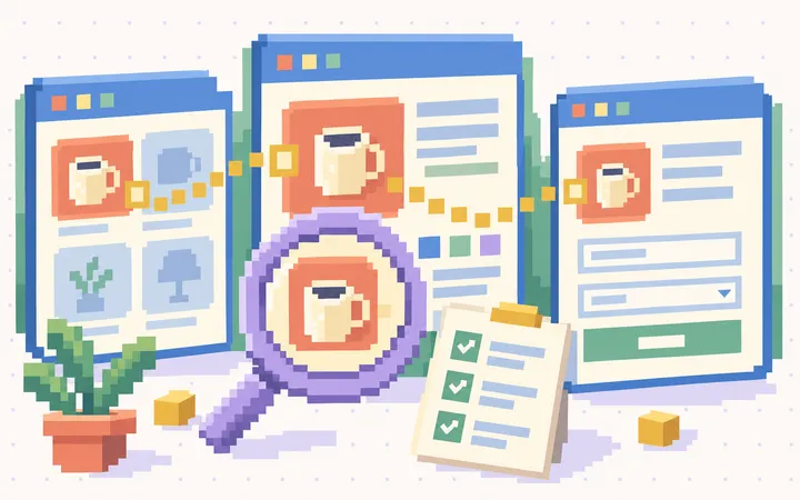 A golden pixel path connects three website wireframes while a magnifying glass examines the journey between them