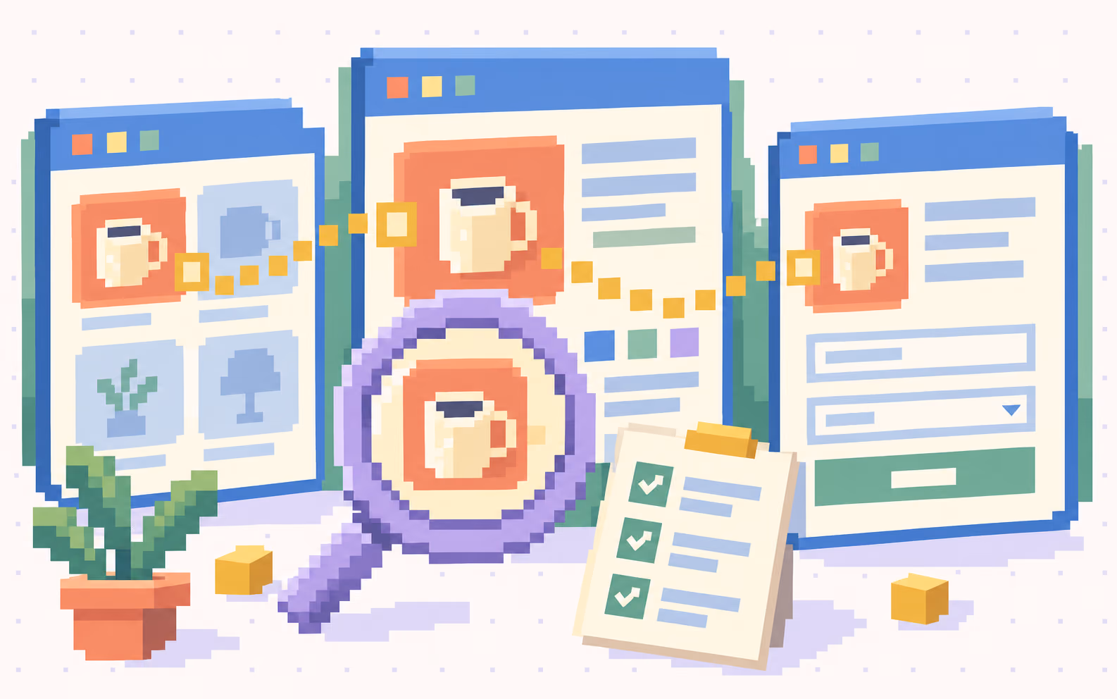 A golden pixel path connects three website wireframes while a magnifying glass examines the journey between them