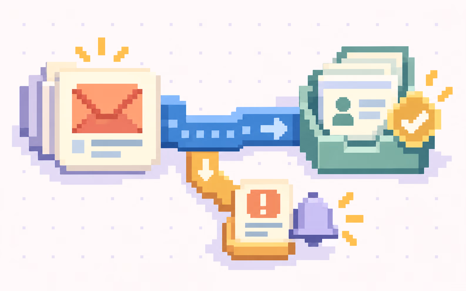 A pixel-art enquiry card follows a blue route to an assigned owner, with a separate branch for exceptions