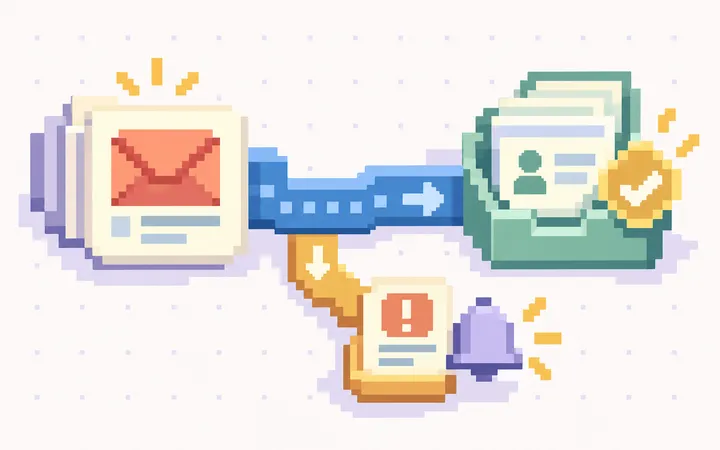 A pixel-art enquiry card follows a blue route to an assigned owner, with a separate branch for exceptions