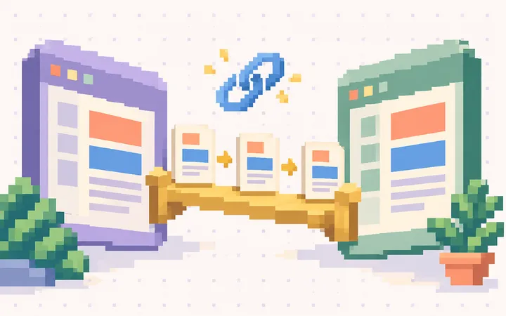 Page cards cross a golden pixel bridge between two website frames while keeping their content