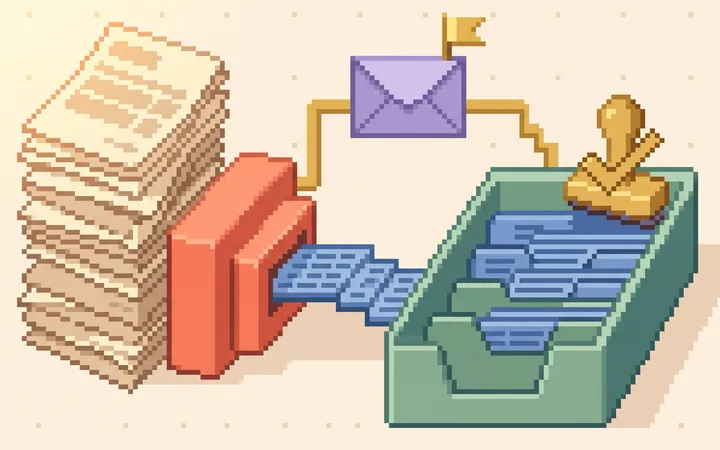 A pixel-art stack of statements feeds a coral converter, tidy blue rows are filed into a sage tray, and a gold stamp marks the accountant's approval