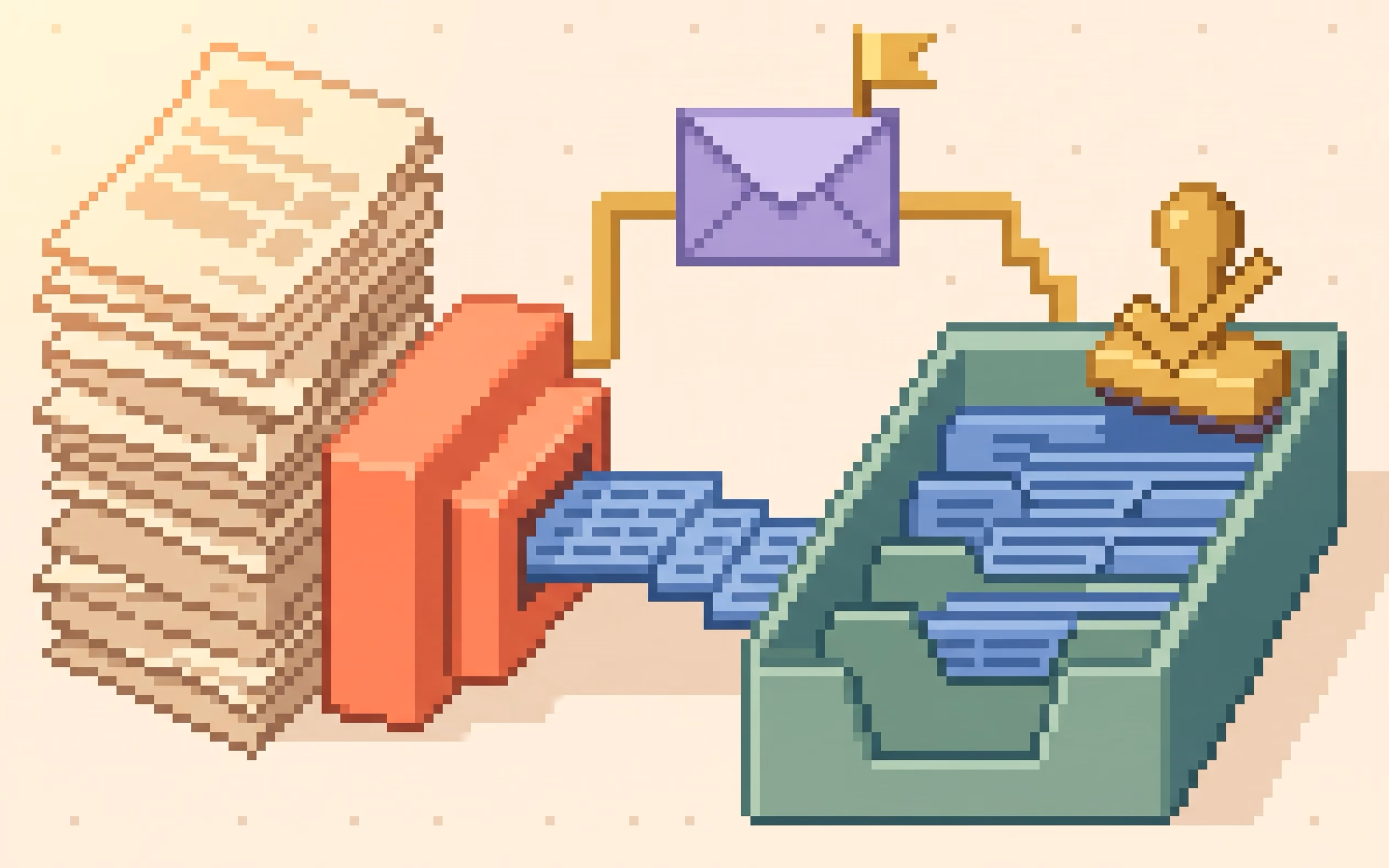 A pixel-art stack of statements feeds a coral converter, tidy blue rows are filed into a sage tray, and a gold stamp marks the accountant's approval